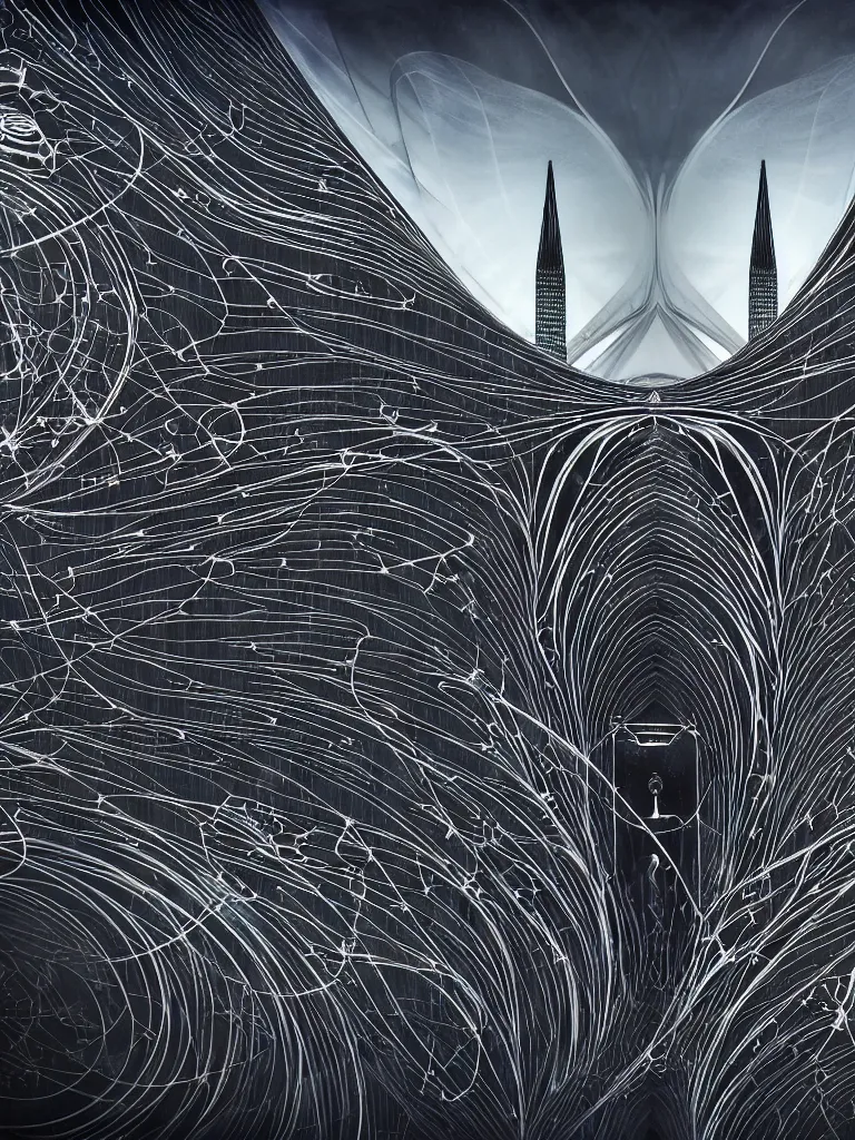 Image similar to ai biomech, ethereal ultralight mechanism, quantum physics, angelic and unsettling, wires, veins, ferrofluid, bismuth, style blend of hideo kojima, shepard fairey, and botticelli, city backdrop is a blend of the vatican, neo - andean architecture and brutalism, 4 k photorealistic, ultra fine inklines