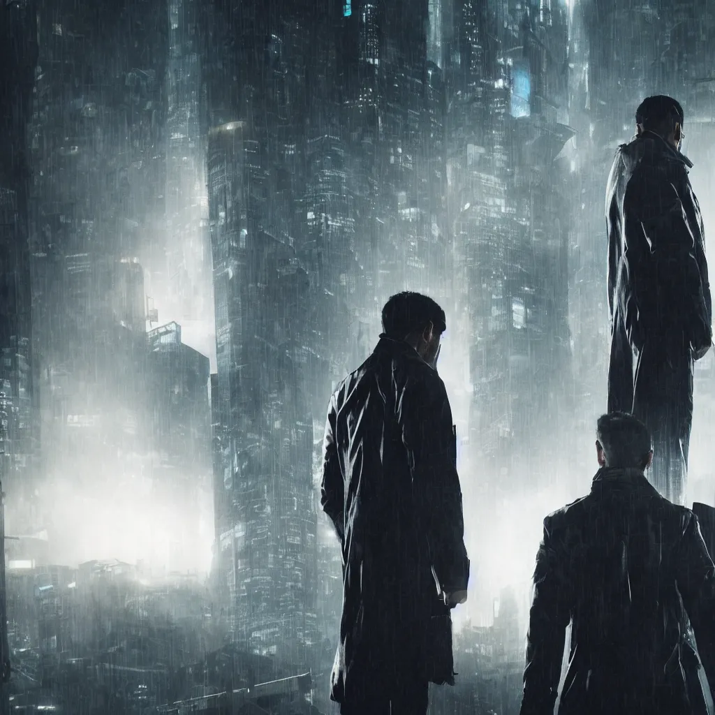 Prompt: Movie poster, cyberpunk, futuristic, technology, one detective in trench coat looking away from the camera, cinematic lighting, depth of field, highly detailed, volumetric fog, dark, moody, gritty