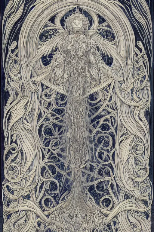 Prompt: a beautiful painting of tane - nui - a - rangi, wisdom, good and evil, white ink + magical + symmetrical + detailed intricate + heraldic design + atmosphere high details, in the style of jean delville, artstation, 8 k, 4 k, cinematic