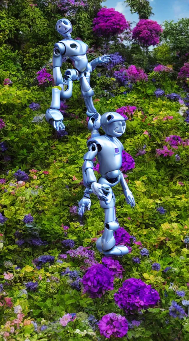 Image similar to single toy humanoid robot in a garden looking around, hyper detailed, sharp focus, bokeh, unreal engine, ray tracing, cute, fantasy, sci fi, purple flowers, blue flowers, violet flowers, glowing flowers, tiny, small, hyper realistic, sky