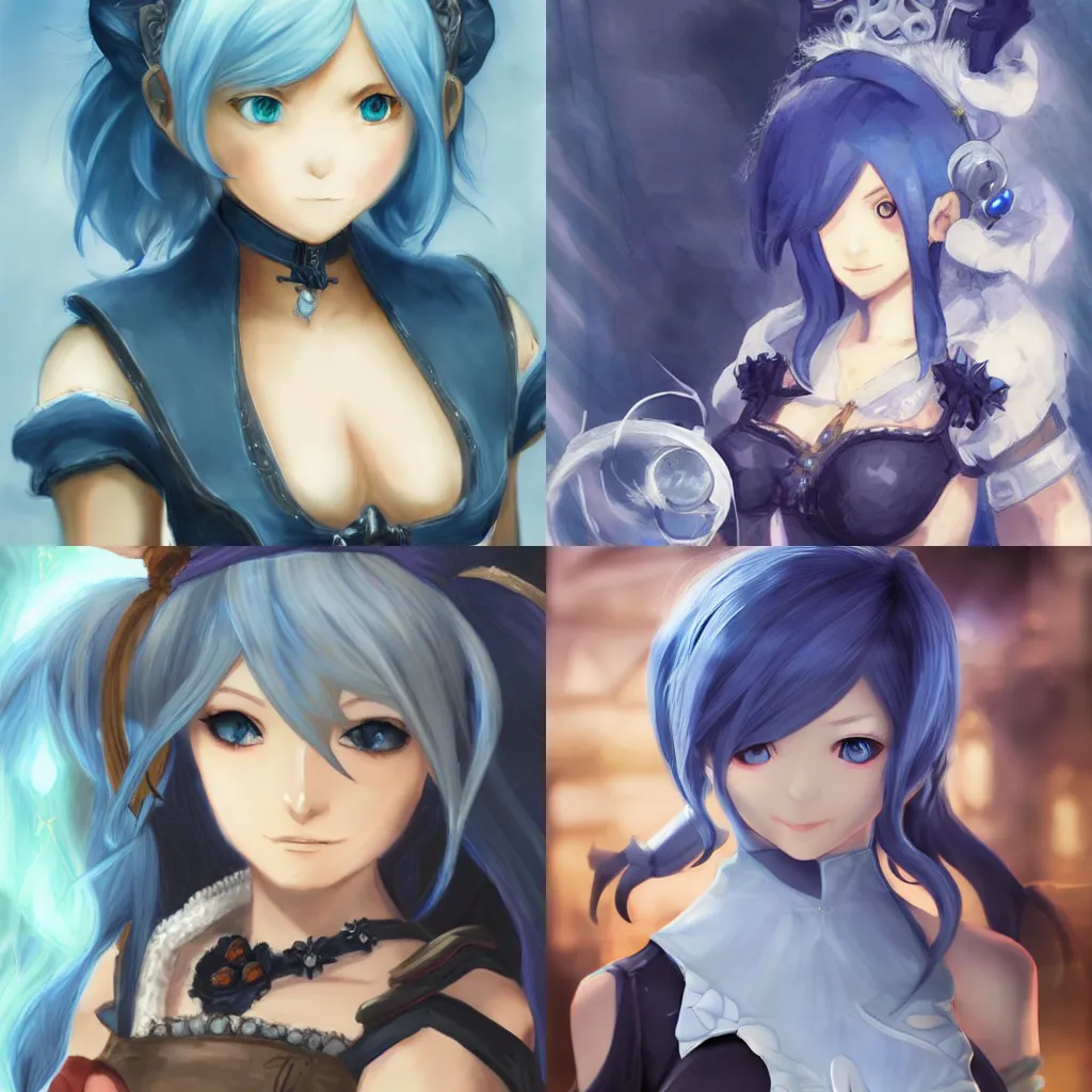 Prompt: portrait of a beautiful female alchemist with short blue hair character art from Bravely Default 2, fantasy, Japanese RPG, videogame, jRPG, character art, digital art, high quality,