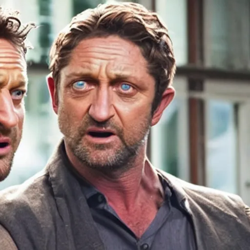 Prompt: Still of Gerard Butler and Russel Crow pointing at each other