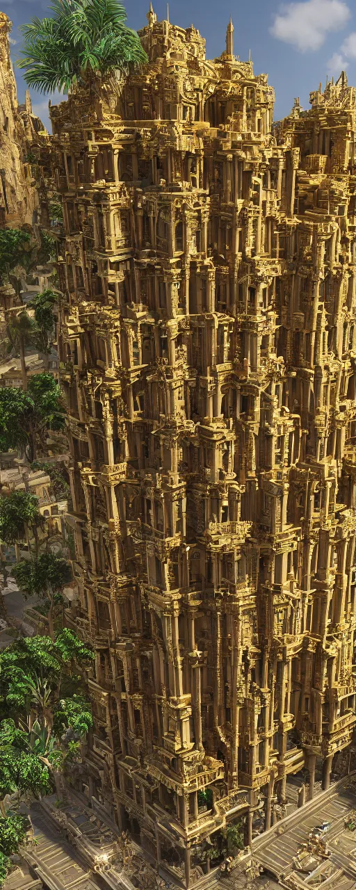 Prompt: photorealistic eye level view of a contemporary babylon tower, golden intricate details, stone facade, sacred ancient architecture, hanging gardens, cascading highrise, arid mountains with lush palm forest, sunlight, post - production, octane, cgi, sfx