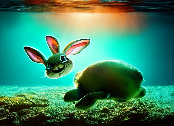 Image similar to under water bugs bunny, water light scattering, underwater photography, high details, 8 k, realistic shot, cinematic lighting