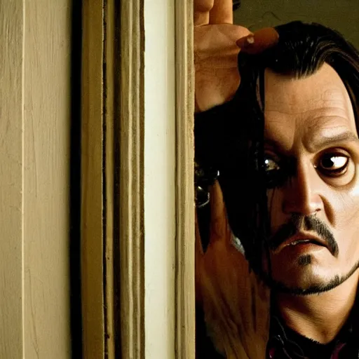 Prompt: Johnny Depp as Jack Torrance in Shining looking through the hole in the broken door