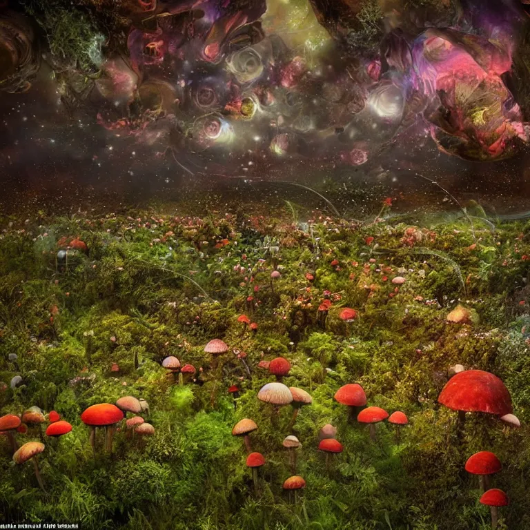 Image similar to a planet of various fungus, mushrooms, flowers and plants, inside the picture is infinity, Atmospheric, artistic photography, conceptual, long exposure outside the city, volumetric light