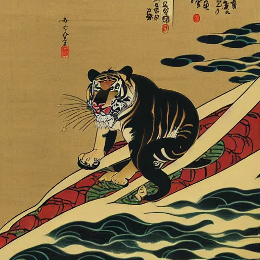 Image similar to a tiger surfing the internet, ukiyo - e art