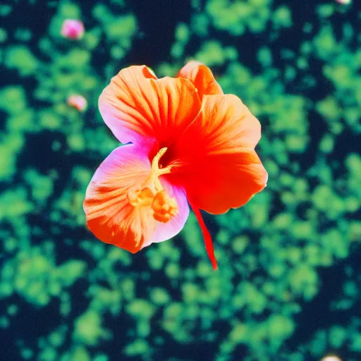 Prompt: a hibiscus flower with detailed orange pedals, floats in space, hubble photo, 2 8 mm lens, olympus xa camera, 3 5 mm film, beautiful, galaxies