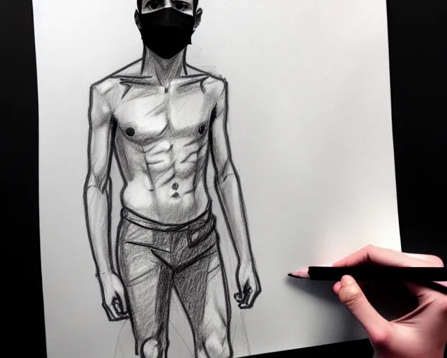 Prompt: draft drawing of a european young man covering face with fabric mask, draft sketch, trending on artstation, context art, pencil sketch, high detail