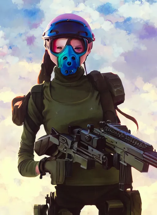 Prompt: a paintball player girl, softair center landscape, illustration, concept art, anime key visual, trending pixiv fanbox, by wlop and greg rutkowski and makoto shinkai and studio ghibli and kyoto animation, symmetrical facial features, sport clothes, blue lens airsoft mask, colorful airsoft gun, realistic anatomy, bb tracers