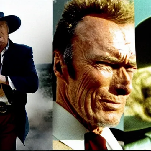 Prompt: donald trump as clint eastwood squinting at high noon in the style of a clint eastwood movie, the good, the bad and the ugly, clint eastwood, steven seagal, bud spencer, donald trump, glory days, american flag, patriotism