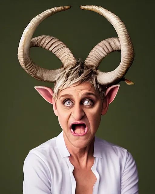 Prompt: angry ellen degeneres as a goat person, she looks like a demonic mythological satyr with yellow goat eyes with horizontal pupils, long goat like ears, and goat horns on her head, 8 k, photo shoot, 9 inch kershaw soft focus lens f / 5. 6 bokek