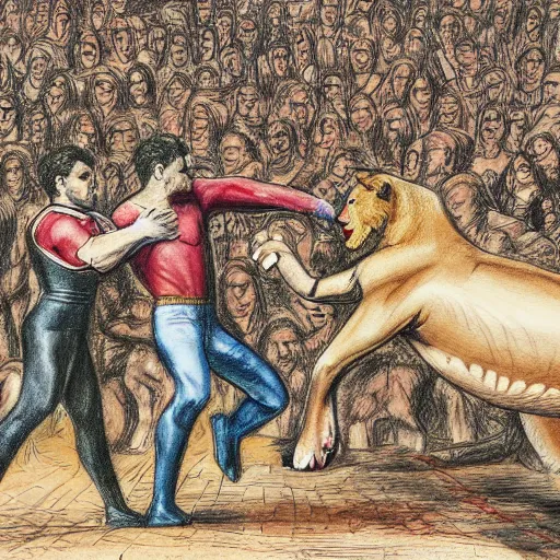 Image similar to hero wrestling against a lion in the middle of an arena, crowd of people sitting down in the stands, pencil art, added detail, high definiton, colored, aerial view