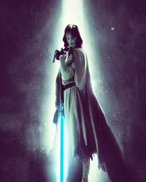 Prompt: eva green as a jedi with ripped and damaged clothes holding a purple lightsaber in her hands, very dark background, official star wars episode xii movie poster, perfect symmetrical face, moody lighting, 8 k, shallow depth of field, intricate detail,