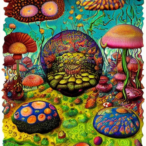 Image similar to psychedelic trippy couch in forest, planets, flowers, mushrooms milky way, sofa, cartoon by giuseppe arcimboldo