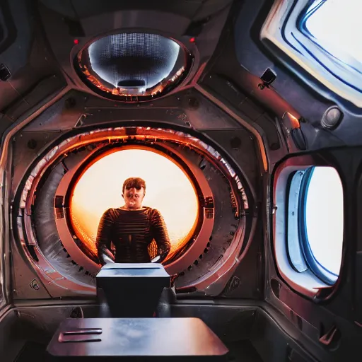 Prompt: a man wearing medieval knights armor sits in a spaceship, photography, movie still, dslr 5 5 mm, 4 k