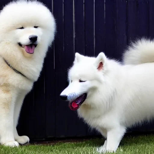 Prompt: A photo of a Samoyed dog with its tongue out hugging a white Siamese cat.