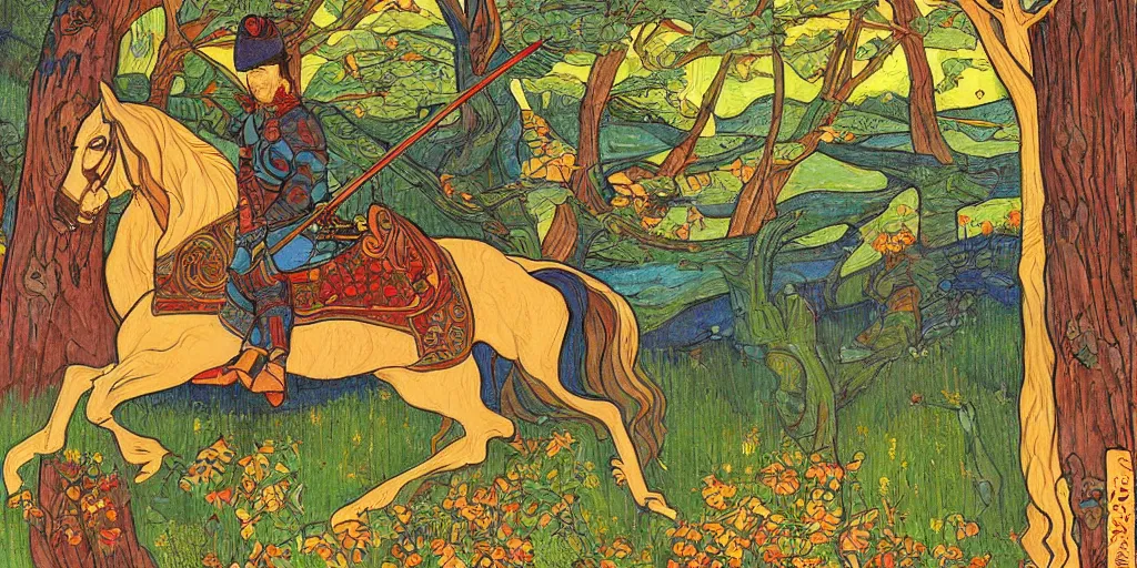 Image similar to beautiful painting of mounted king with firing sword painted by ivan bilibin, forest and river, illustration, stylized, moderne, art deco