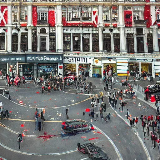 Image similar to A British European City with cars and people roaming inside of the city, certain aspects of the background are lens blurred, splatters of red on the border of the image, some of the people are even painted red, black and white photograph painting, real life, realistic, hyperrealistic, very realistic, photo photograph, photo, photograph, painting, oil painting, ultra realistic, very detailed, extremely detailed, highly detailed, HD Quality, 4k resolution, 8k resolution, trending on artstation, in the style of an Album Cover, cool, epic, nostalgic, intricate details