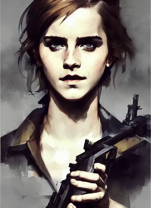 Prompt: fashion model emma watson wearing metal gear armor holding rifle dramatic lighting art by rembrant by vermeer by Yoji Shinkawa by Richard Schmid by greg rutkowski by Sandra Chevrier by Jeremy Lipking cinematic dramatic