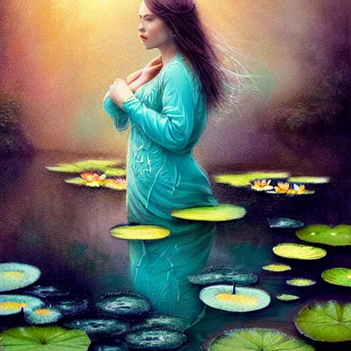 Image similar to light teal portrait in the rain on pond with waterlilies, fantasy, intricate, elegant, dramatic lighting, emotionally evoking symbolic metaphor, highly detailed, lifelike, photorealistic, digital painting, artstation, concept art, smooth, sharp focus, illustration, art by John Collier and Albert Aublet and Krenz Cushart and Artem Demura and Alphonse Mucha