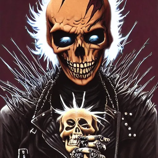 Image similar to a portrait of the grim reaper as a punk rocker playing an electric guitar, punk, skeleton face, mohawk, dark, fantasy, leather jackets, spiked collars, spiked wristbands, piercings, boots, ultrafine detailed painting by frank frazetta and vito acconci and michael whelan and takeshi obata, death note style, photoshop details