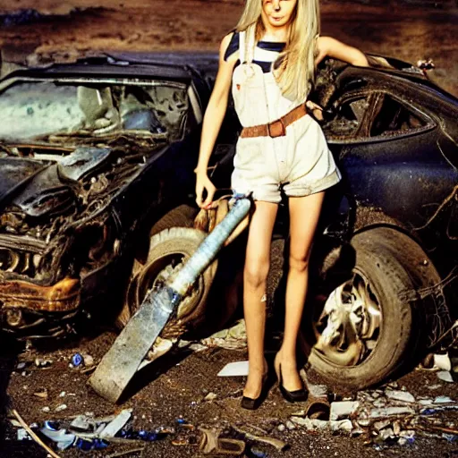 Prompt: a skinny female high-fantasy elf with a long face narrow chin and short spiky blonde hair wearing dark brown overalls and holding a bomb next to a destroyed car, gel spiked blond hair, narrow lips, high resolution film still, HDR color, photograph by Mario Testino