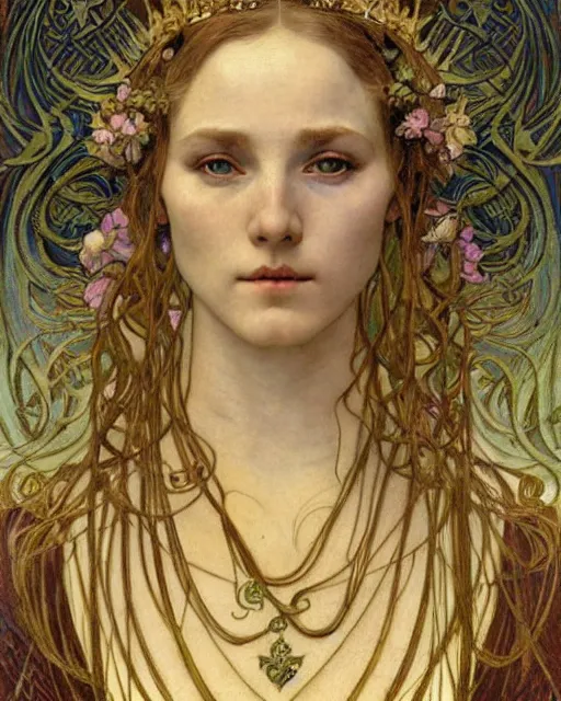 Image similar to detailed realistic beautiful young medieval queen face portrait by jean delville, alphonse mucha, vincent van gogh, and marco mazzoni, art nouveau, symbolist, visionary, gothic, pre - raphaelite