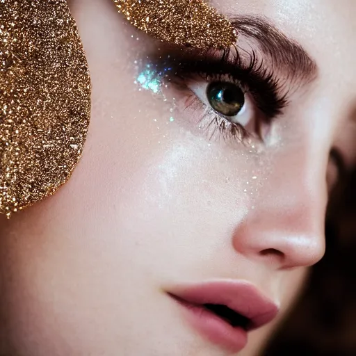 Image similar to Close-up of an angelic woman's face, wearing glitter. Photography, Canon.