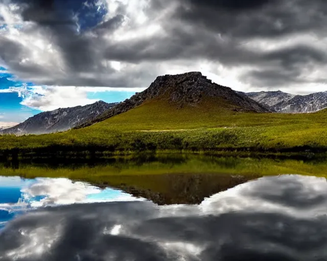 Image similar to mountains with a small lake, clouds in the sky, water reflecting suns light, dramatic landscape mode made by Clay Collier