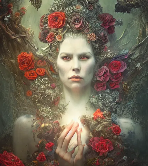 Image similar to portrait of the supreme king of the underworld, cryptic, mysterious, surrounded by skulls and overgrowth and flowers and cords, mist by karol bak, James Jean, tom bagshaw, rococo, trending on artstation, cinematic lighting, hyper realism, octane render, 8k, hyper detailed.