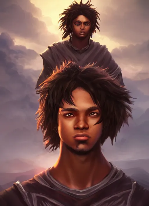 Image similar to An epic fantasy comic book style portrait painting of a dark skinned long haired boy with intelligent eyes, unreal 5, DAZ, hyperrealistic, octane render, cosplay, RPG portrait, dynamic lighting