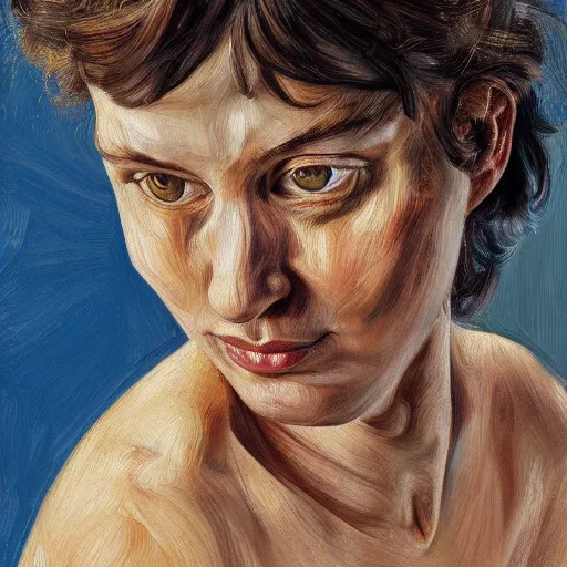 Prompt: high quality high detail painting by lucian freud, hd, blue hair beautiful girl portrait, photorealistic lighting