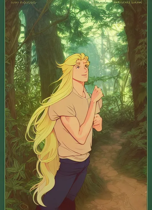 Image similar to book cover design, pretty young man with long golden blond hair in a forest, natural lighting, path traced, highly detailed, high quality, cartoon, digital painting, by don bluth and ross tran and studio ghibli and alphonse mucha