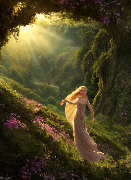 Prompt: an elegant fairy with wings of lace in a lord of the rings scenery landscape, looking out at a vast lush valley flowers and wood structures, stream, sunrise, god's rays highly detailed, vivid color, cinematic lighting, perfect composition, 8 k, gustave dore, derek zabrocki, greg rutkowski, belsinski, octane render