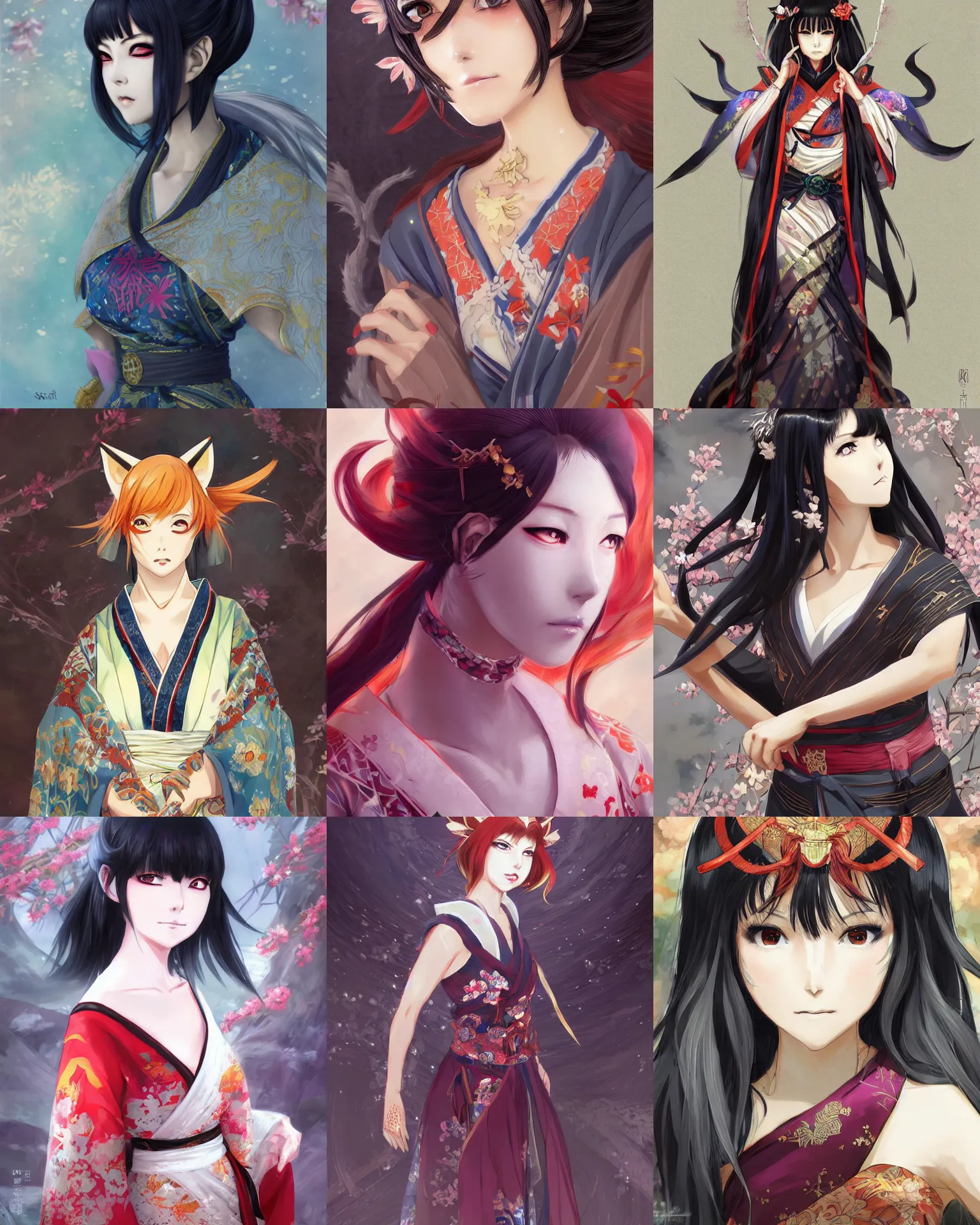 Prompt: An anime portrait of Ssunbiki as a beautiful kitsune woman with dark hime cut hair wearing a kimono from Skyrim, by Stanley Artgerm Lau, WLOP, Rossdraws, James Jean, Andrei Riabovitchev, Marc Simonetti, and Sakimichan, trending on artstation