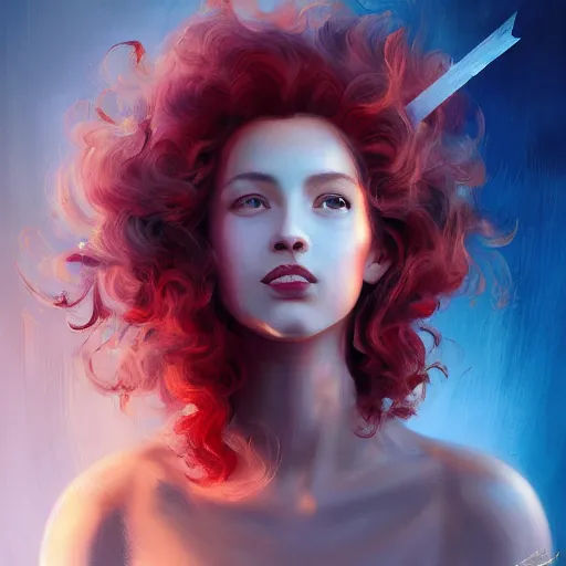 Image similar to a painting of a woman who made of curly and transparent feathers cloud with red edges is holding a sword, a digital painting by charlie bowater, made of curly and transparent feathers and cloud, metaphysical painting, speedpainting, digital painting, holographic undertones, highly saturated colors, 4 k, digital art, concept art, trending on artstation