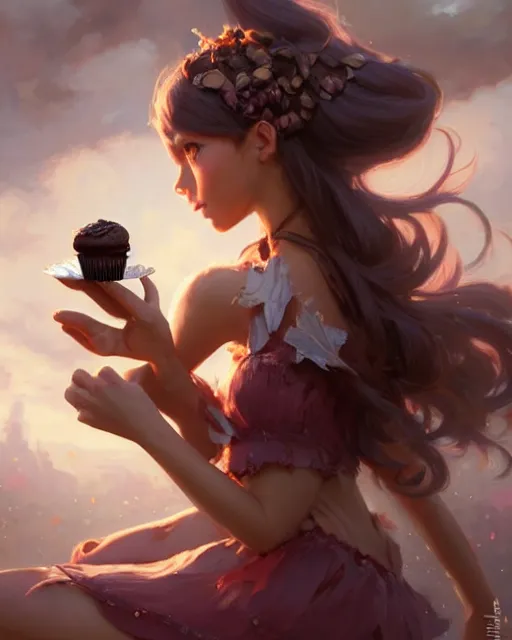 Image similar to a ( ( girl as personification of chocolate cupcake ) ), beauty, fantasy bakery, digital painting by krenz cushart, greg rutkowski, artgerm, laurie greasly, wlop, intricate, highly detailed!!, sharp focus, smooth, epic composition, joyful, unreal engine, masterpiece, 8 k, interesting background