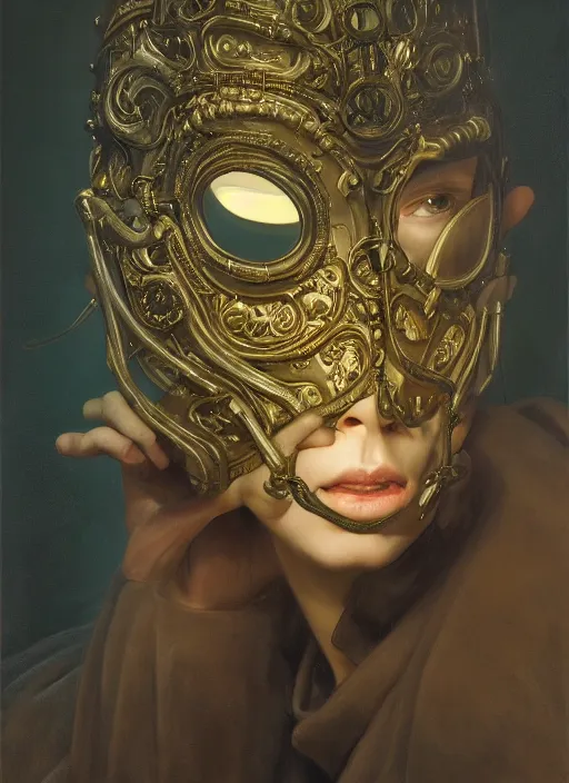 Image similar to highly detailed oil painting | very intricate | cinematic lighting | award - winning | the train mask by alexander mcqueen | by roberto ferri, by leng jun, by j. c. leyendecker and klimt, american romanticism, by austin osman spare, artstation, cgsociety, official art, octane