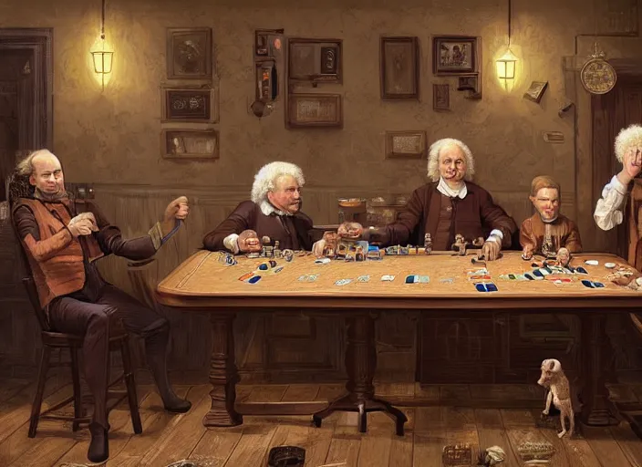 Image similar to family portrait of isaac newton and stephen hawkins and einstein playing poker in an old west saloon, intricate, elegant, highly detailed, centered, digital painting, artstation, concept art, smooth, sharp focus, illustration, art by todd lockwood and donato giancola and greg rutkowski