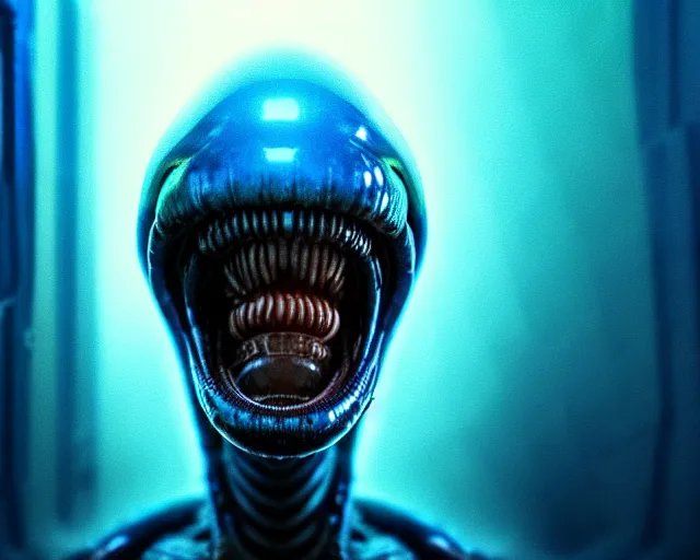 Image similar to 2 8 mm closeup portrait of a wet slimy dripping xenomorph alien in science fiction spaceship hallway, dramatic lighting, octane, blue lights, lens flare, industrial, dirty, trending on artstation, golden ratio, h. r. giger, mist, action, volumetric lighting