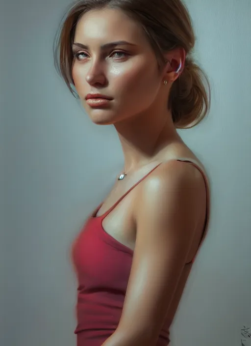 Image similar to portrait of a gorgeous young woman in the style of stefan kostic, artstation, realistic photo, sharp focus, 8k high definition, insanely detailed, intricate, elegant