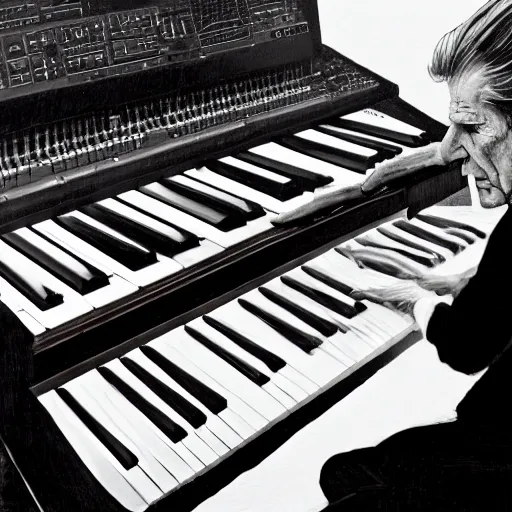 Image similar to photo of john cage playing modular synthesizer in the style of stefan kostic, realistic, half body shot, sharp focus, 4 k high definition, insanely detailed, intricate, elegant, art by stanley lau and artgerm