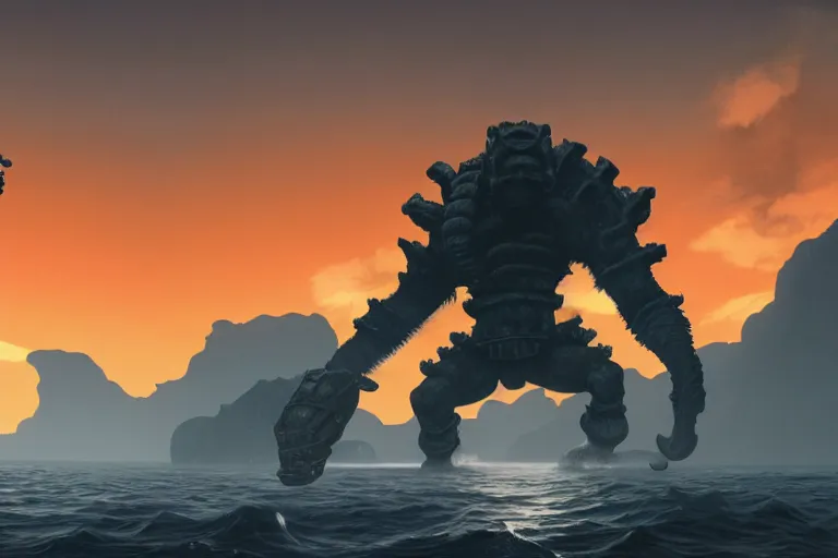 Image similar to incredible screenshot of shadow of the colossus on PS5, blinding red orange sky, dynamic camera angle, deep 3 point perspective, fish eye, dynamic extreme foreshortening of wander reaching the top of an electric squid octopus Colossus, huge ocean waves, by phil hale, ashley wood, geoff darrow, james jean, 8k, hd, high resolution print