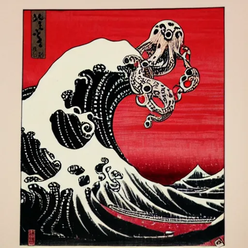 Prompt: a black and white octopus in a frothy red ocean, ukiyo-e