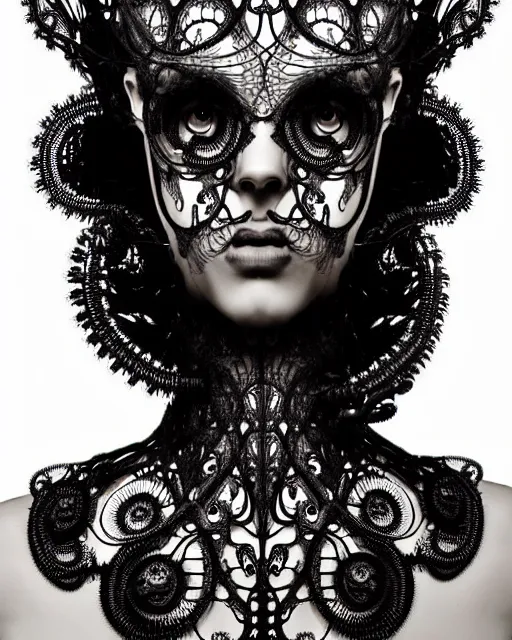 Prompt: surreal dark poetic black and white photo portrait of complex bio-mechanical beautiful young silver female vegetal-cyborg with a Mandelbrot fractal steampunk metal fine lace face, a very long neck and a fine metal floral foliage super big lace collar by Alexander McQueen:: smoke, high fashion, haute couture, rococo, steampunk, silver filigree details, anatomical, facial muscles, cable wires, microchip, elegant, dreamy, foggy atmosphere, hyper realistic, 150 mm lens, soft rim light, octane render, unreal engine, picture was taken in 1910 by Man Ray, volumetric lighting, dramatic light,8k,