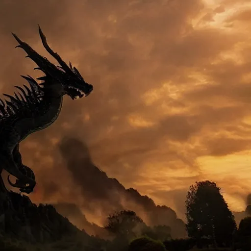 Prompt: a dragon made of black smoke flying over Hobbits