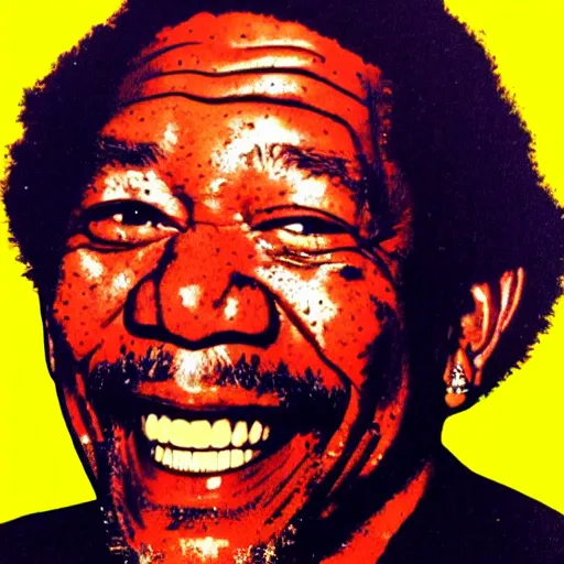 Image similar to a portrait of laughing Morgan Freeman . Tom's shoulders are in the frame. Tom looks sternly straight into the camera . painting in the style of Andy Warhol pop art