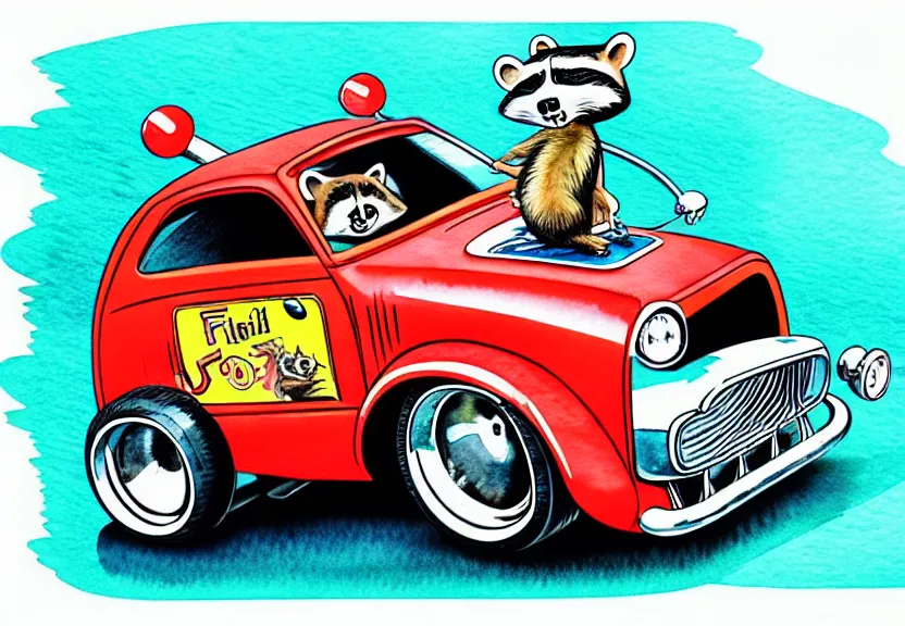 Image similar to cute and funny, racoon riding in a tiny hot rod coupe with oversized engine, chrome exhaust pipes with smoke or flames coming out of the tips, ratfink style by ed roth, centered award winning watercolor pen illustration, isometric illustration by chihiro iwasaki, edited by range murata