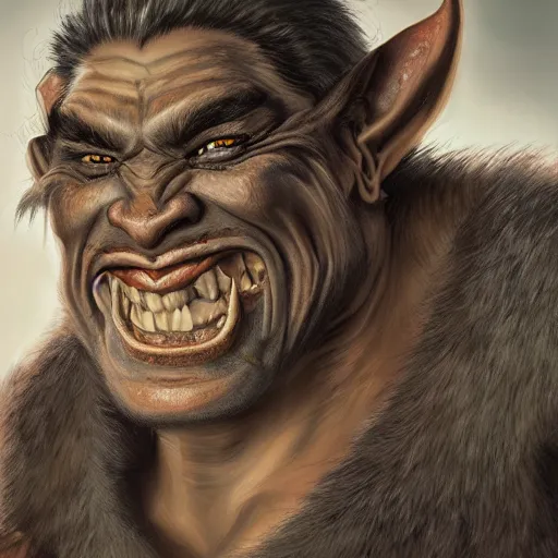 Image similar to a detailed portrait of a cute orc boy smiling, fantasy art illustration, incredibly highly detailed and realistic, 8 k, sharp focus